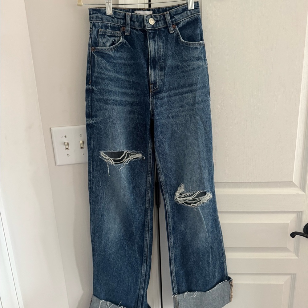 Zara High Rise Blue Distressed Wide Leg Jeans